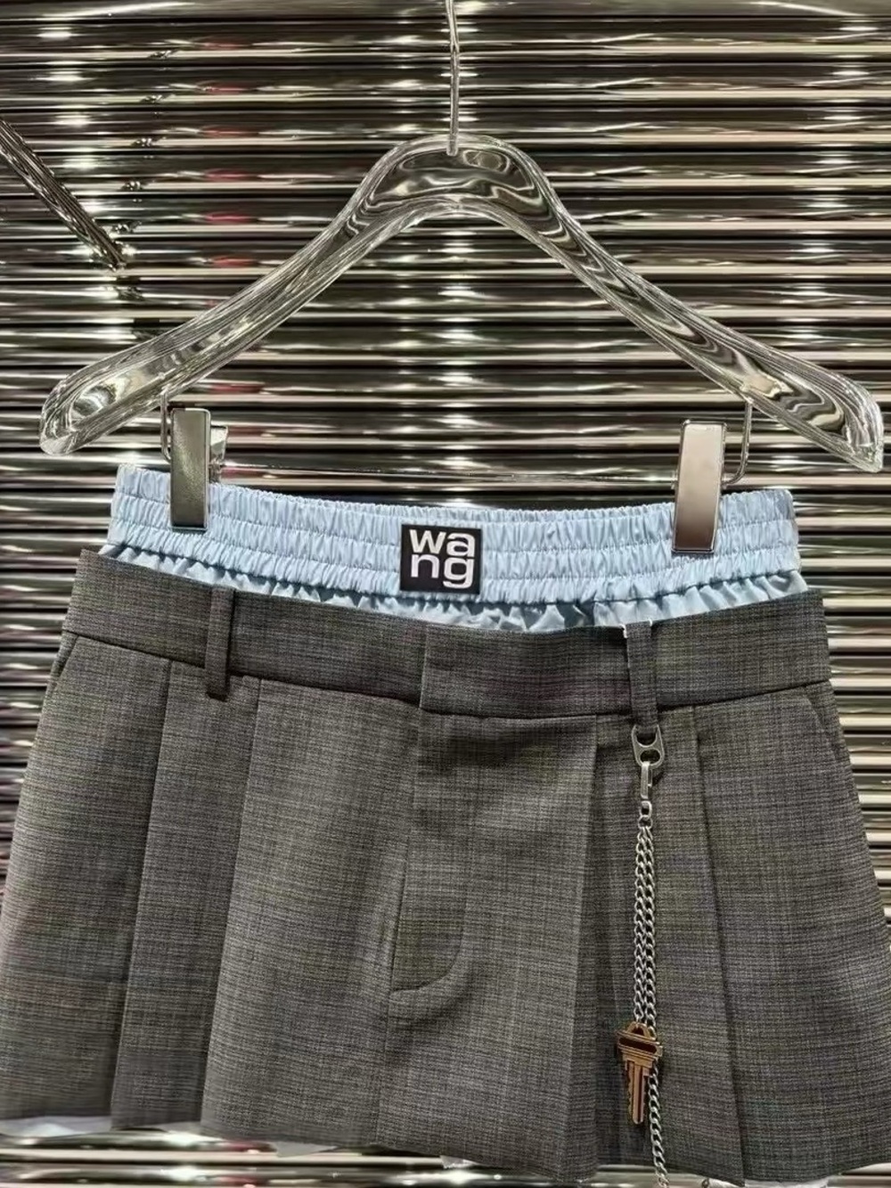 Women’s Wang Gray Pleated Mini Skirt with Light Blue Waistband Shorts SMALL